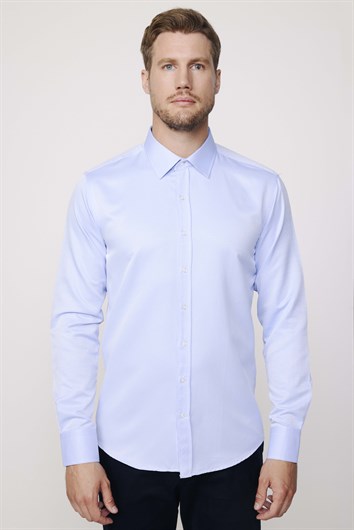 Modern Slim Fit Uzun Kollu Pamuklu Kolay Ütü Armürlü Erkek Mavi Gömlek