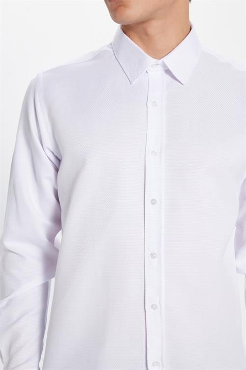 Erkek Modern Fit Dar Kesim Pamuklu Kolay Ütü Armürlü Beyaz Gömlek