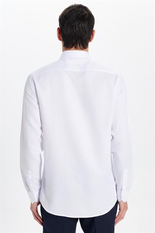 Erkek Modern Fit Dar Kesim Pamuklu Kolay Ütü Armürlü Beyaz Gömlek