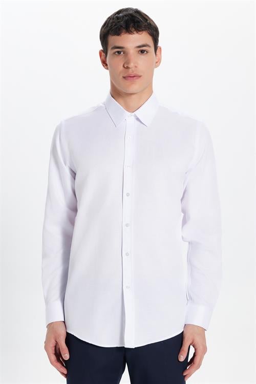 Erkek Modern Fit Dar Kesim Pamuklu Kolay Ütü Armürlü Beyaz Gömlek