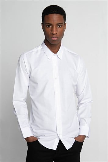 Modern Slim Fit Uzun Kollu Pamuklu Kolay Ütü Armürlü Erkek Beyaz Gömlek