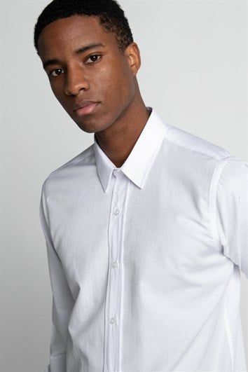 Modern Slim Fit Uzun Kollu Pamuklu Kolay Ütü Armürlü Erkek Beyaz Gömlek