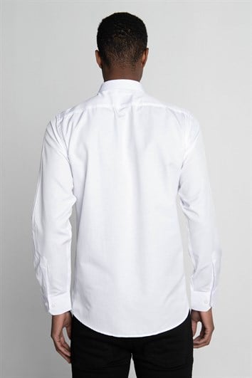 Modern Slim Fit Uzun Kollu Pamuklu Kolay Ütü Armürlü Erkek Beyaz Gömlek