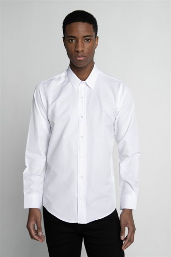 Modern Slim Fit Uzun Kollu Pamuklu Kolay Ütü Armürlü Erkek Beyaz Gömlek