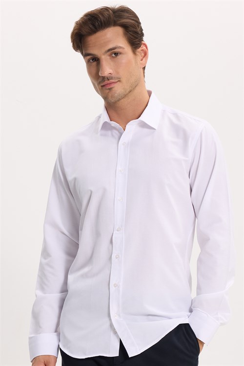 Modern Slim Fit Uzun Kollu Pamuklu Kolay Ütü Armürlü Erkek Beyaz Gömlek