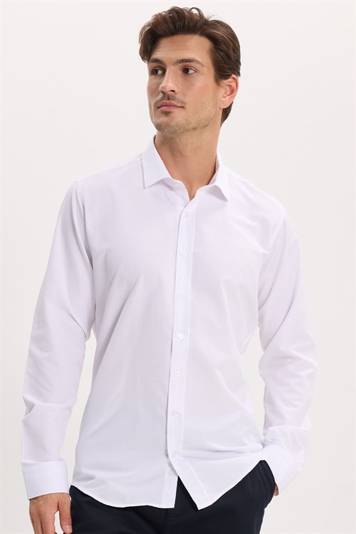 Modern Slim Fit Uzun Kollu Pamuklu Kolay Ütü Armürlü Erkek Beyaz Gömlek