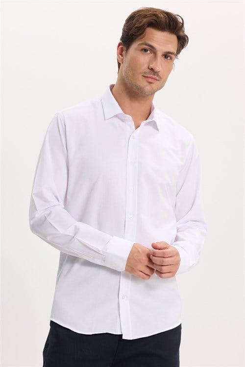 Modern Slim Fit Uzun Kollu Pamuklu Kolay Ütü Armürlü Erkek Beyaz Gömlek