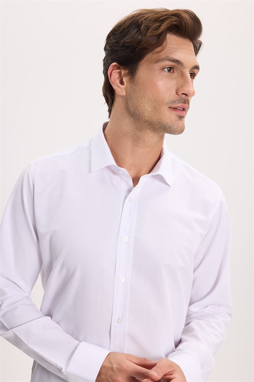 Modern Slim Fit Uzun Kollu Pamuklu Kolay Ütü Armürlü Erkek Beyaz Gömlek