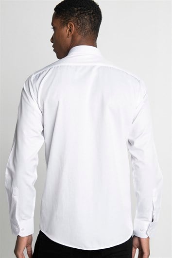 Modern Slim Fit Uzun Kollu Pamuklu Kolay Ütü Armürlü Erkek Beyaz Gömlek