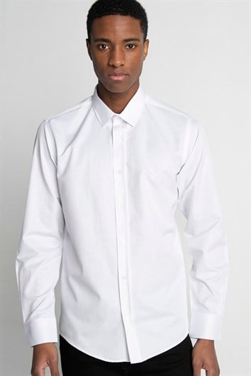 Modern Slim Fit Uzun Kollu Pamuklu Kolay Ütü Armürlü Erkek Beyaz Gömlek