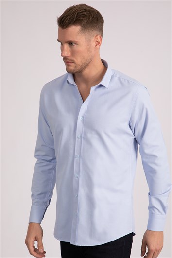 Modern Slim Fit Uzun Kollu Pamuklu Kolay Ütü Armürlü Erkek Mavi Gömlek