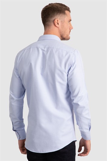 Modern Slim Fit Uzun Kollu Pamuklu Kolay Ütü Armürlü Erkek Mavi Gömlek