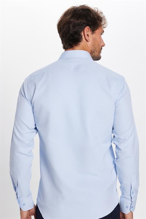 Modern Slim Fit Uzun Kollu Pamuklu Kolay Ütü Armürlü Mavi Erkek Gömlek