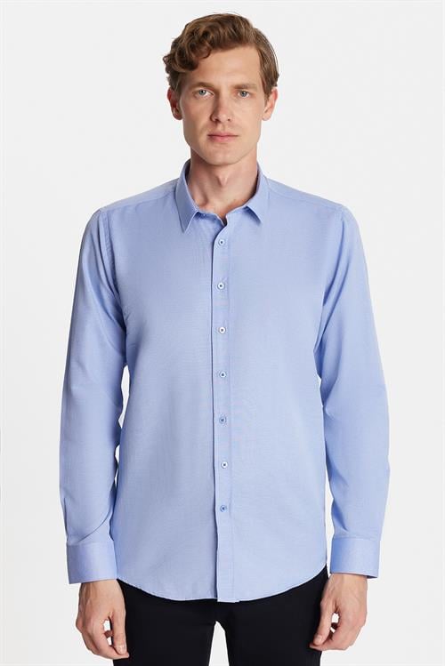 Modern Slim Fit Uzun Kollu Pamuklu Kolay Ütü Armürlü Mavi Erkek Gömlek