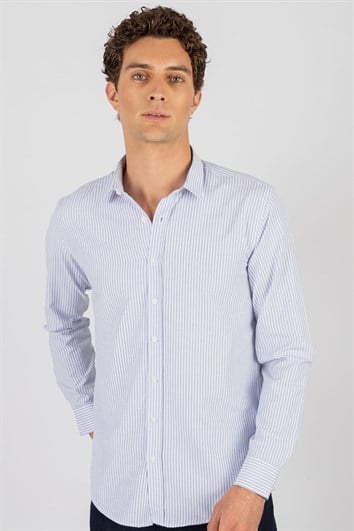 Modern Slim Fit Uzun Kollu Pamuklu Kolay Ütü Armürlü Erkek Mavi Gömlek
