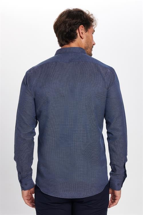 Modern Slim Fit Uzun Kollu Pamuklu Kolay Ütü Armürlü Erkek Lacivert Gömlek