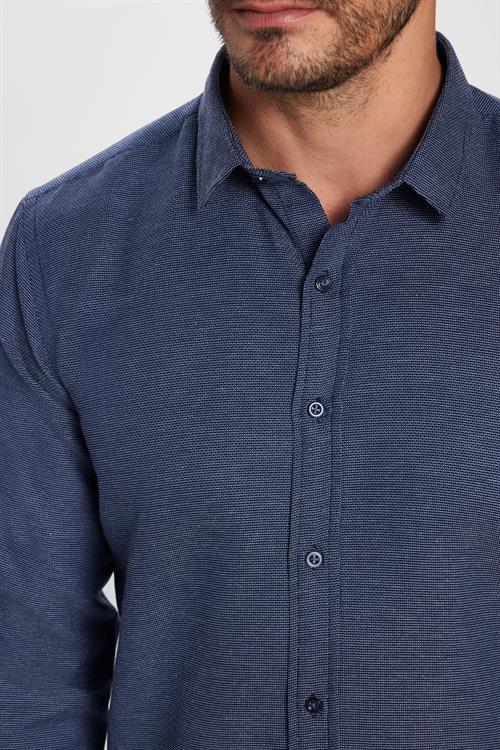 Modern Slim Fit Uzun Kollu Pamuklu Kolay Ütü Armürlü Erkek Lacivert Gömlek