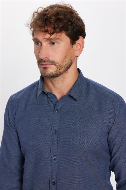 Modern Slim Fit Uzun Kollu Pamuklu Kolay Ütü Armürlü Erkek Lacivert Gömlek