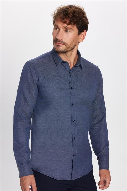Modern Slim Fit Uzun Kollu Pamuklu Kolay Ütü Armürlü Erkek Lacivert Gömlek