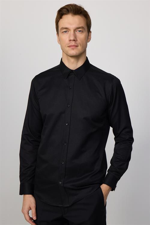 Modern Slim Fit Uzun Kollu Pamuklu Kolay Ütü Armürlü Erkek Siyah Gömlek