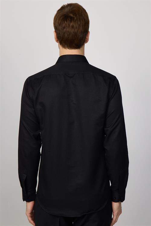 Modern Slim Fit Uzun Kollu Pamuklu Kolay Ütü Armürlü Erkek Siyah Gömlek