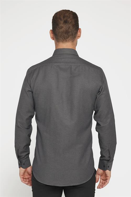 Modern Slim Fit Uzun Kollu Pamuklu Kolay Ütü Armürlü Erkek Gri Gömlek