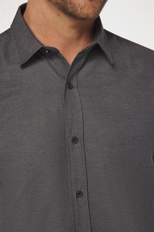 Modern Slim Fit Uzun Kollu Pamuklu Kolay Ütü Armürlü Erkek Gri Gömlek