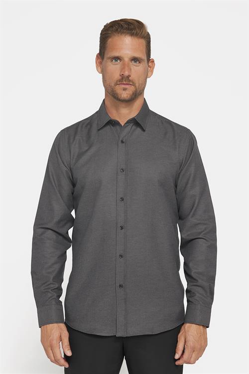 Modern Slim Fit Uzun Kollu Pamuklu Kolay Ütü Armürlü Erkek Gri Gömlek