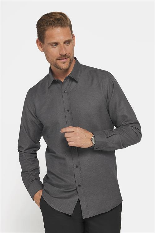 Modern Slim Fit Uzun Kollu Pamuklu Kolay Ütü Armürlü Erkek Gri Gömlek