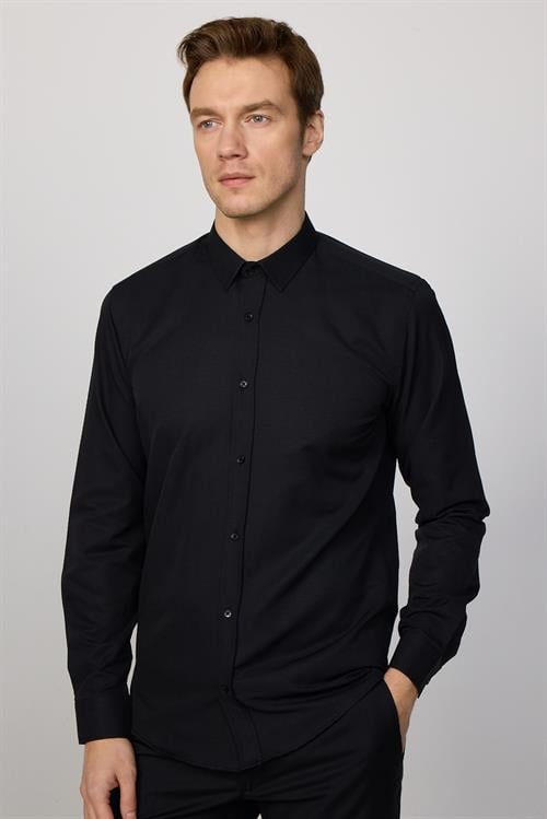 Modern Slim Fit Uzun Kollu Pamuklu Kolay Ütü Armürlü Erkek Siyah Gömlek