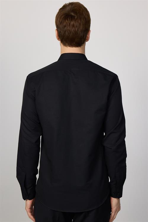 Modern Slim Fit Uzun Kollu Pamuklu Kolay Ütü Armürlü Erkek Siyah Gömlek