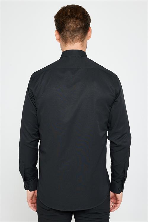 Modern Slim Fit Uzun Kollu Pamuklu Kolay Ütü Armürlü Erkek Siyah Gömlek