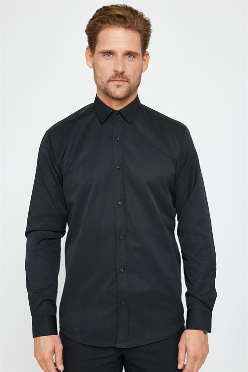 Modern Slim Fit Uzun Kollu Pamuklu Kolay Ütü Armürlü Erkek Siyah Gömlek