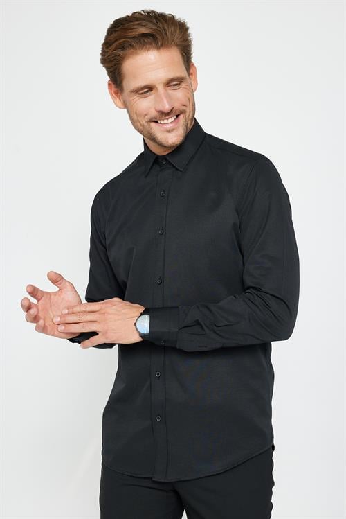 Modern Slim Fit Uzun Kollu Pamuklu Kolay Ütü Armürlü Erkek Siyah Gömlek
