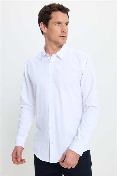 Modern Slim Fit Uzun Kollu Pamuklu Kolay Ütü Armürlü Beyaz Erkek Gömlek