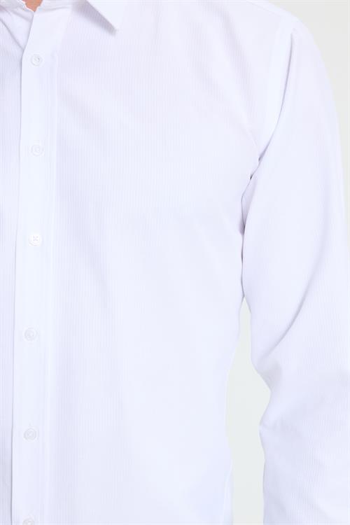 Modern Slim Fit Uzun Kollu Pamuklu Kolay Ütü Armürlü Beyaz Erkek Gömlek