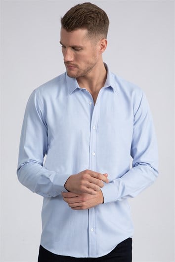 Modern Slim Fit Uzun Kollu Pamuklu Kolay Ütü Armürlü Erkek Mavi Gömlek