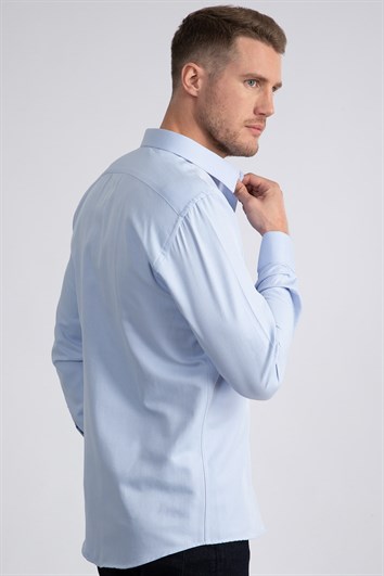 Modern Slim Fit Uzun Kollu Pamuklu Kolay Ütü Armürlü Erkek Mavi Gömlek