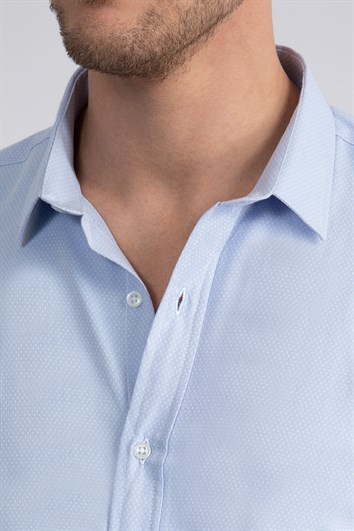 Modern Slim Fit Uzun Kollu Pamuklu Kolay Ütü Armürlü Erkek Mavi Gömlek