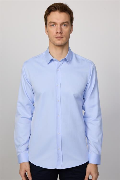 Modern Slim Fit Uzun Kollu Pamuklu Kolay Ütü Armürlü Erkek Mavi Gömlek