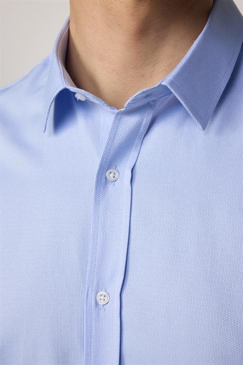 Modern Slim Fit Uzun Kollu Pamuklu Kolay Ütü Armürlü Erkek Mavi Gömlek