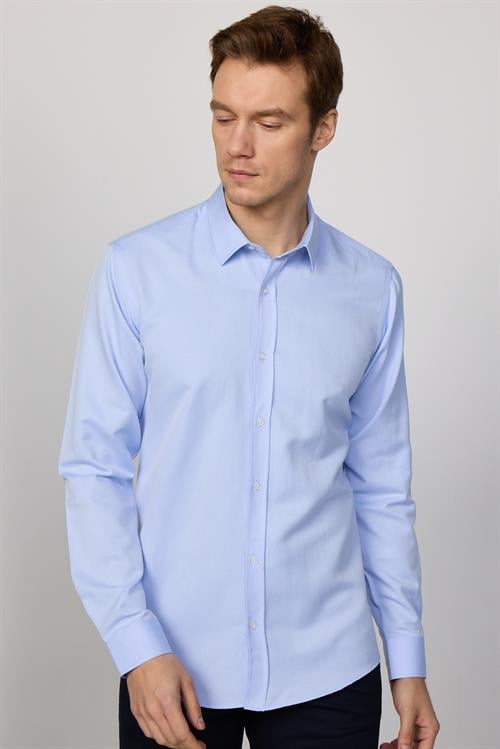 Modern Slim Fit Uzun Kollu Pamuklu Kolay Ütü Armürlü Erkek Mavi Gömlek