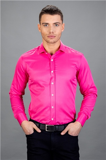 Modern Slim Fit Uzun Kollu Düz Saten Pamuklu Erkek Pembe Gömlek
