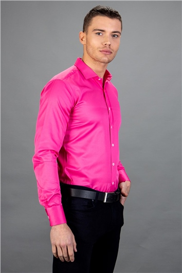 Modern Slim Fit Uzun Kollu Düz Saten Pamuklu Erkek Pembe Gömlek