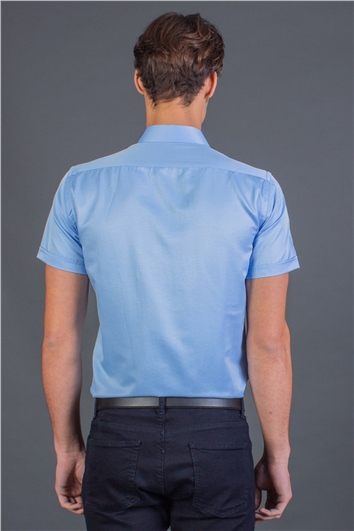 Modern Slim Fit Kısa Kollu Düz Saten Erkek Mavi Gömlek