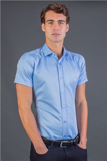 Modern Slim Fit Kısa Kollu Düz Saten Erkek Mavi Gömlek