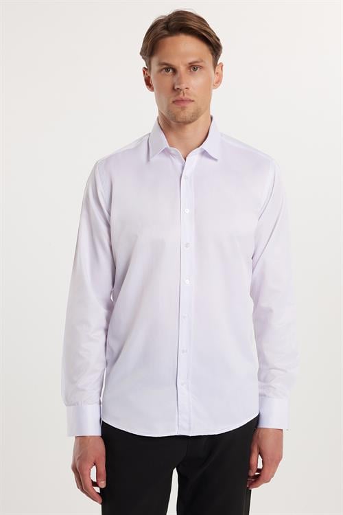 Erkek Modern Slim Fit Düz Saten Pamuklu Beyaz Gömlek