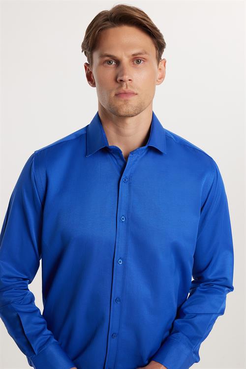  Erkek Modern Fit Dar Kesim Pamuklu Düz Saten Sax Mavi Gömlek