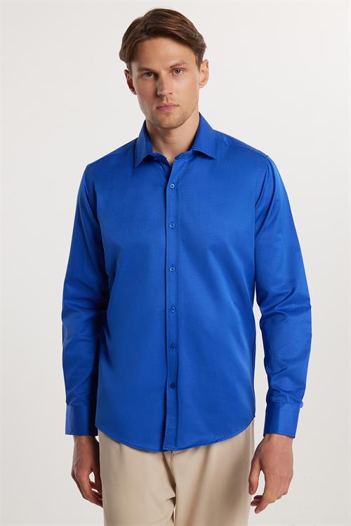  Erkek Modern Fit Dar Kesim Pamuklu Düz Saten Sax Mavi Gömlek