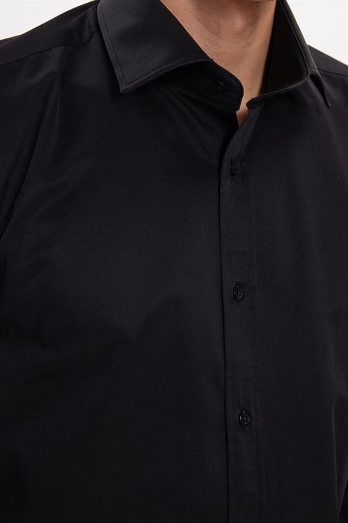 Erkek Modern Slim Fit Düz Saten Pamuklu Siyah Gömlek